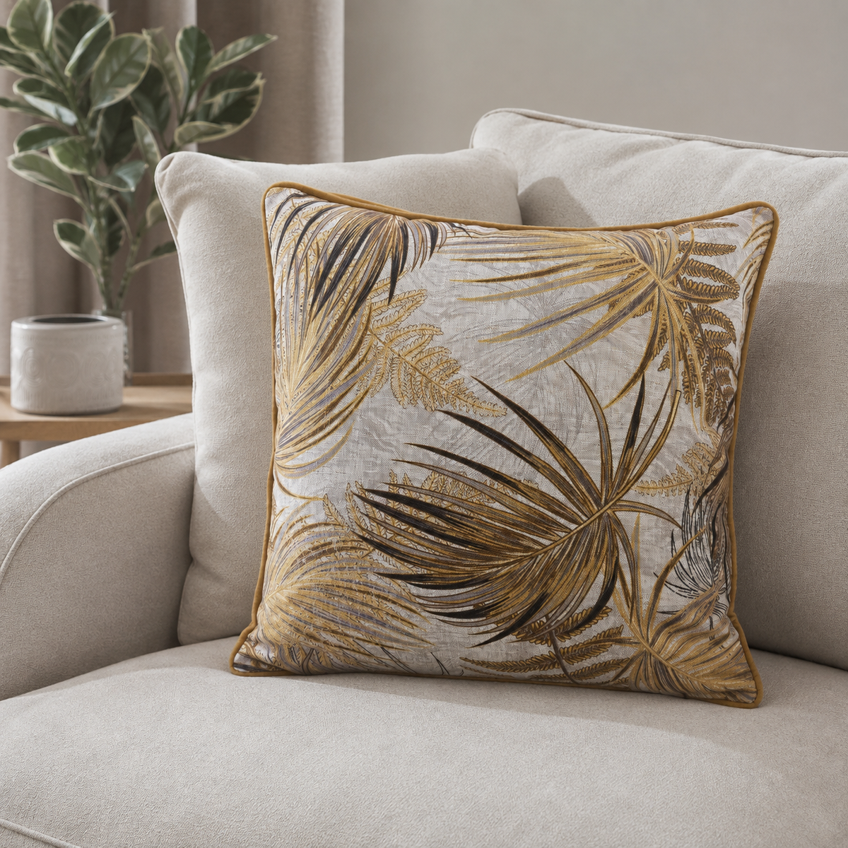 Malini Tova Yellow Square Cushion 45x45 in a neutral living room