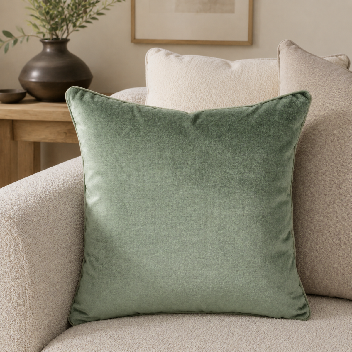Malini Two Faced sage green and gold velvet cushion lifestyle image