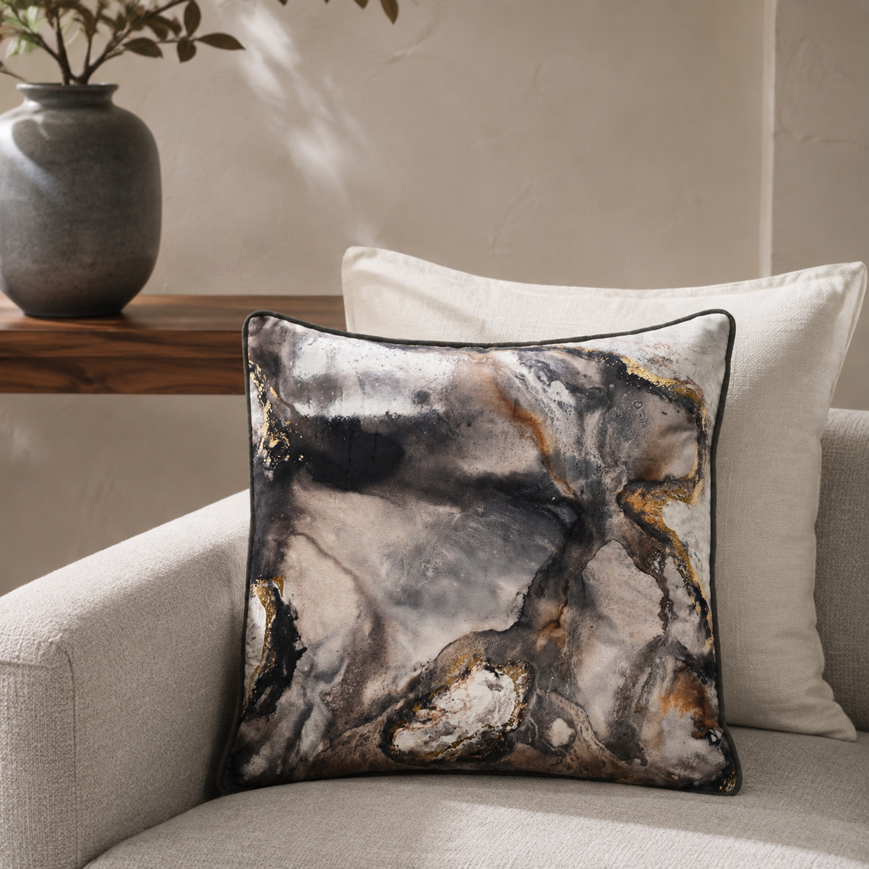 Malini Utopia Grey and Gold Square Cushion 45x45 in a neutral living room
