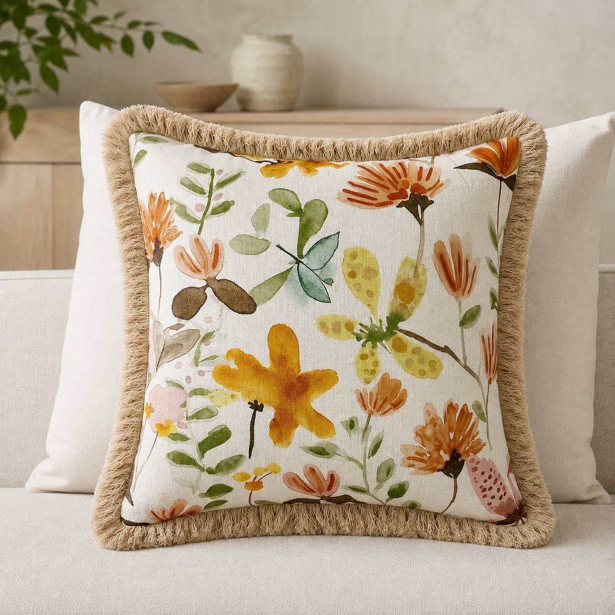 Malini Vienne Multicoloured Square Cushion 45x45 in a neutral living room
