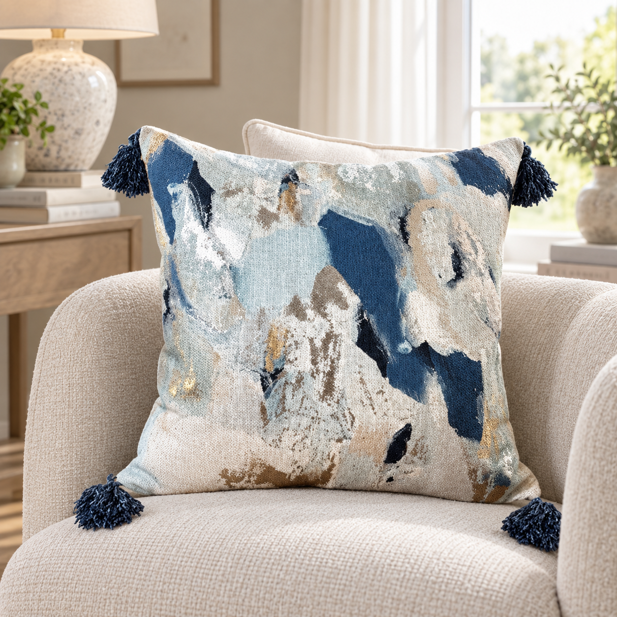 Malini Vision Abstract Metallic In Blue Square Cushion 45x45 lifestyle image