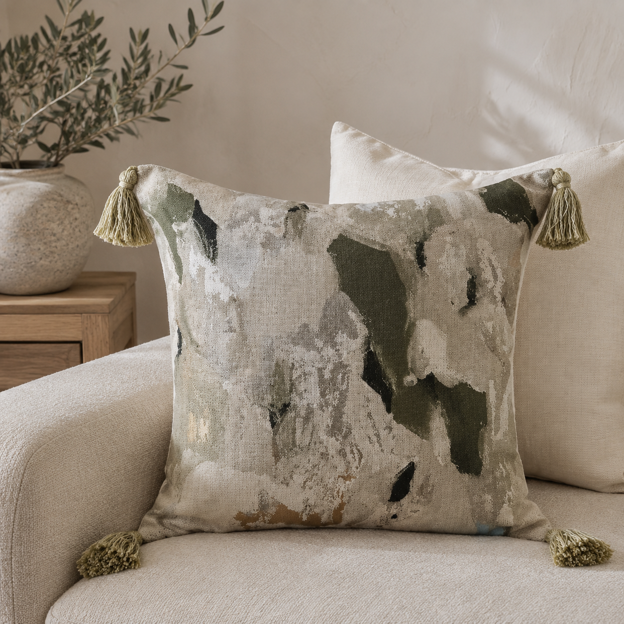 Malini Vision Olive Abstract Square Cushion 45x45 in a neutral living room
