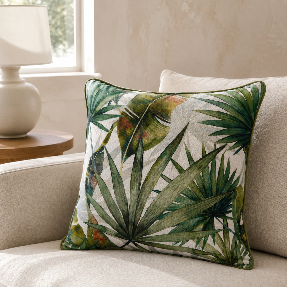 Malini Vita Green Square Cushion 45x45 in a neutral living room