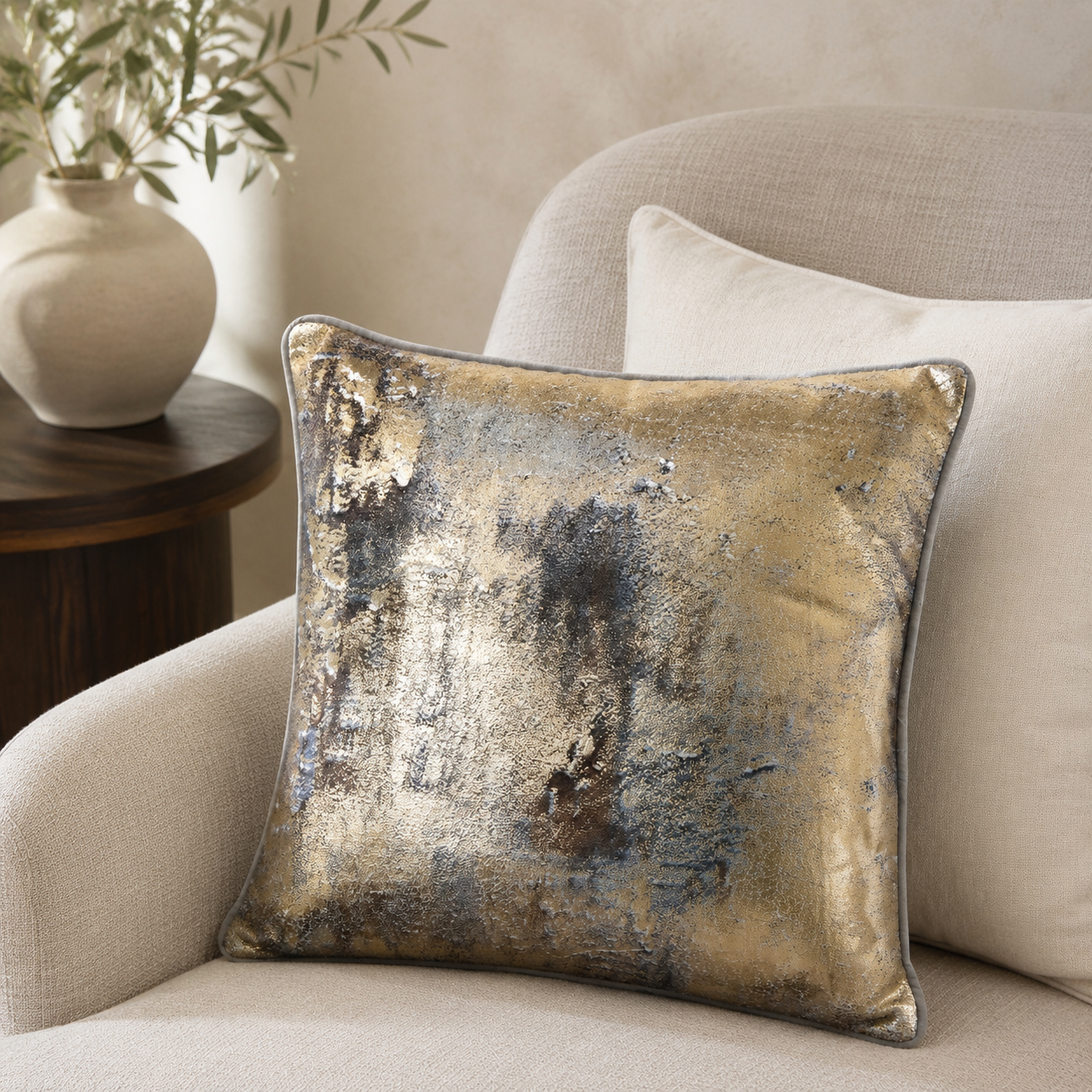 Malini Volcano Grey and Gold Square Cushion 45x45 in a neutral living room