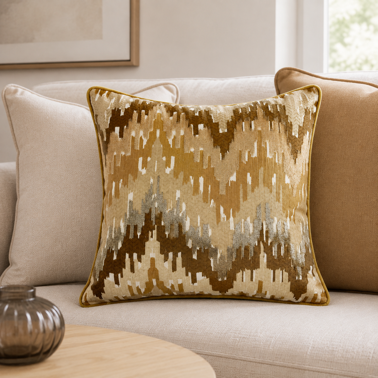 Malini Volt Whiskey 45x45 embroidered cushion styled on a light neutral sofa