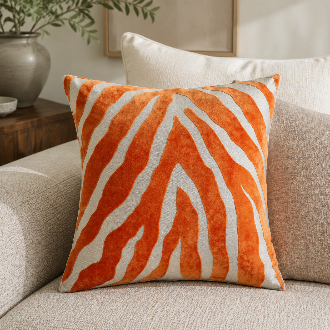 Malini Zebedeedodah orange zebra cut velvet cushion lifestyle image