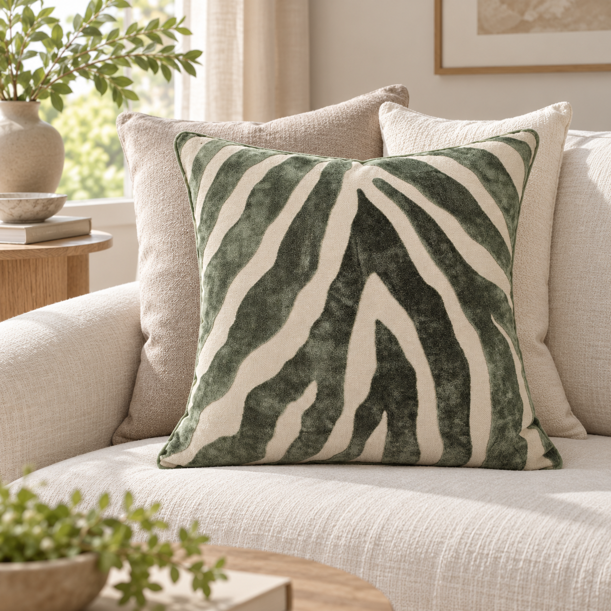 Malini Zebra Velvet Paul Moneypenny Sage Green Square Cushion 43x43 lifestyle image