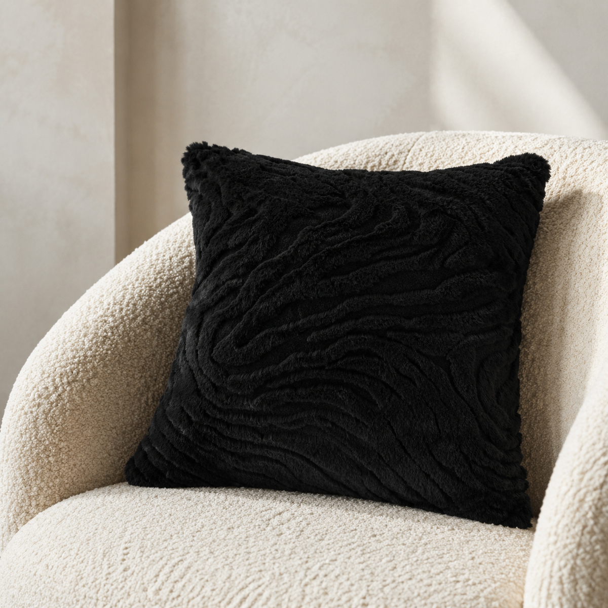 Malini Paul Moneypenny Ziggy Black Faux Fur Square Cushion lifestyle