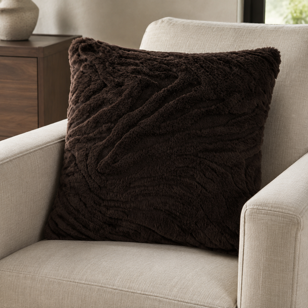 Malini Paul Moneypenny Ziggy Chocolate Brown Faux Fur Square Cushion lifestyle