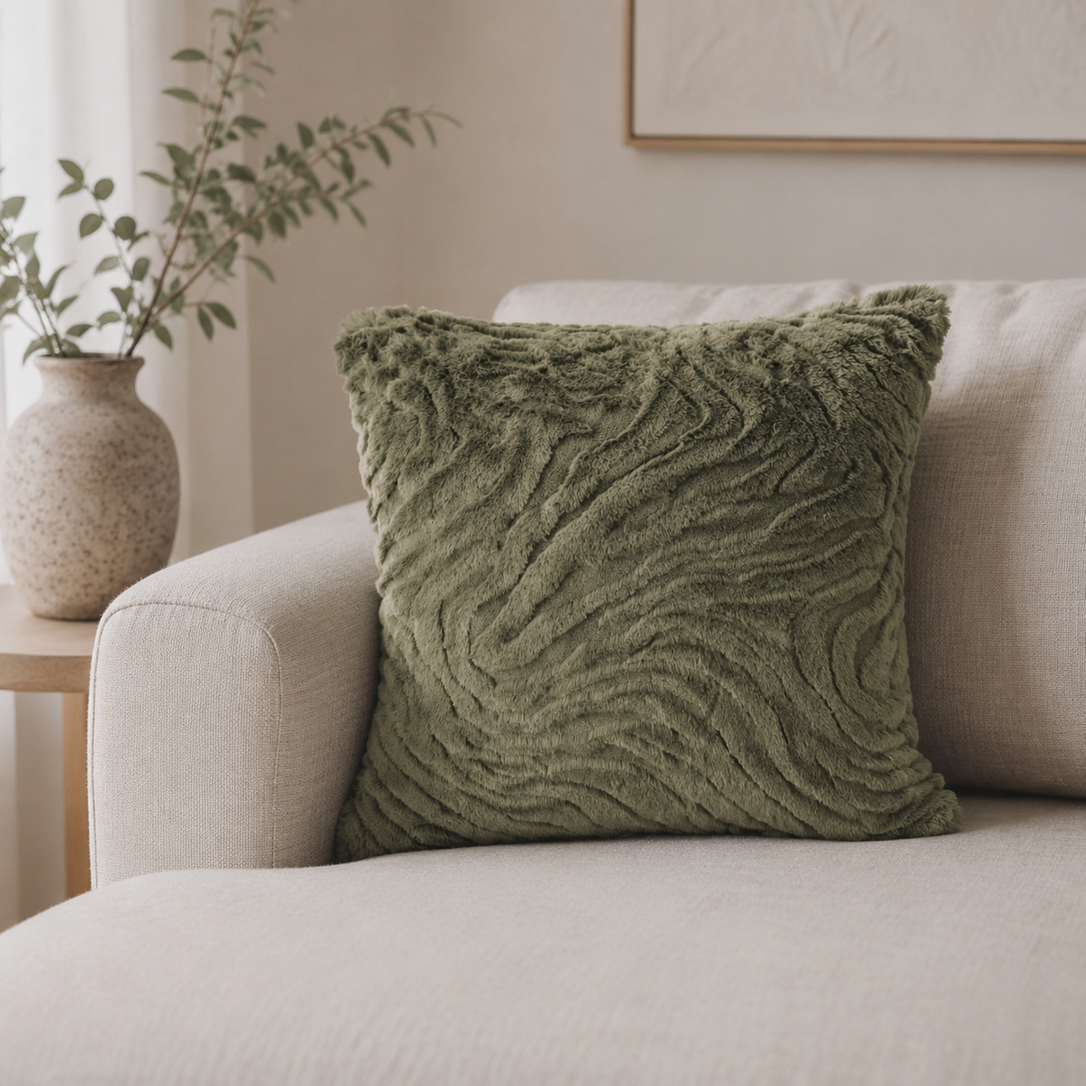 Malini Paul Moneypenny Ziggy Sage Green Faux Fur Square Cushion lifestyle
