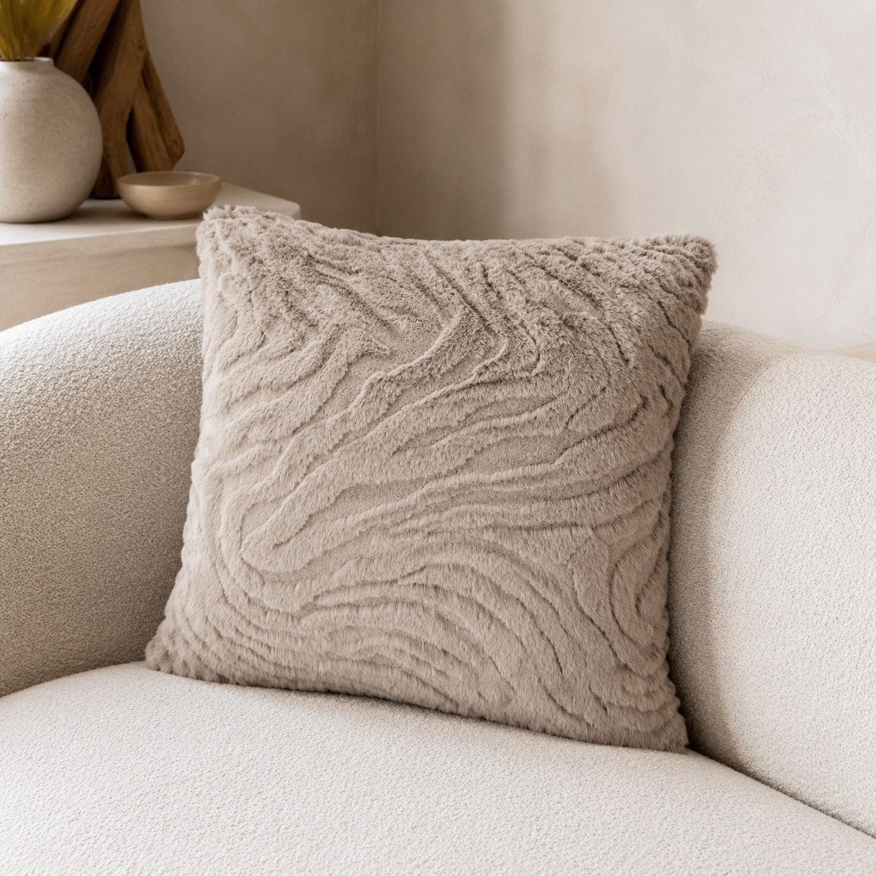 Malini Paul Moneypenny Ziggy Taupe Faux Fur Square Cushion lifestyle