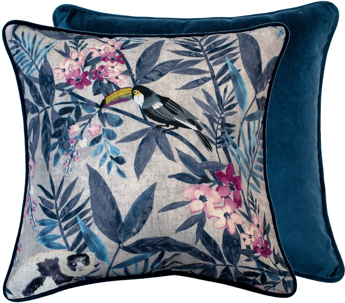 Malini Zoe Pretty Toucan Print In Blues Square Cushion 45x45