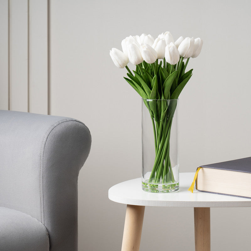 33cm Artificial White Tulips in Glass Vase