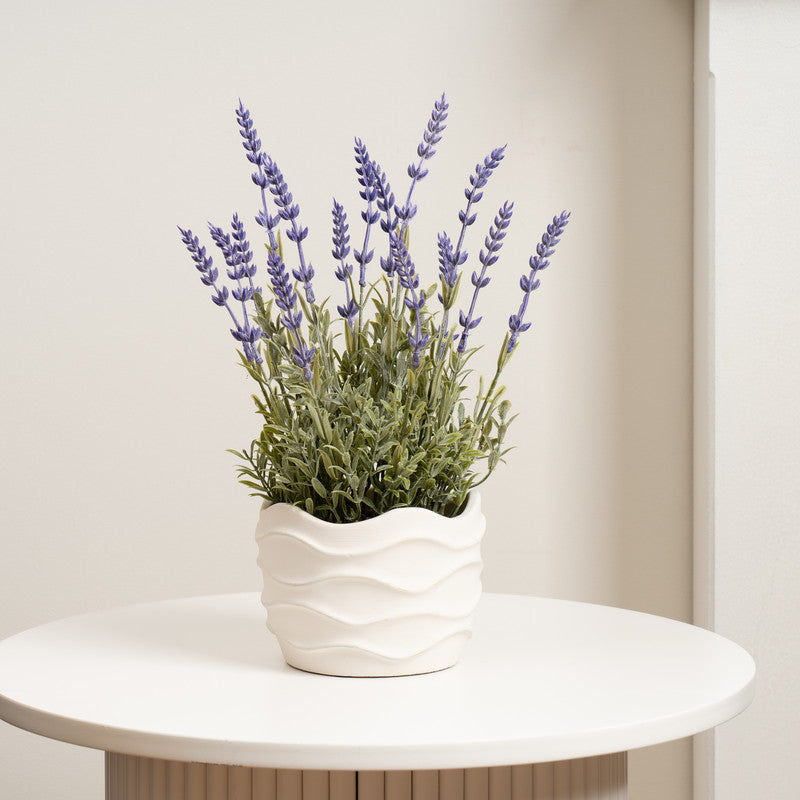 33cm Artificial Lavender in Wavy Cement Pot