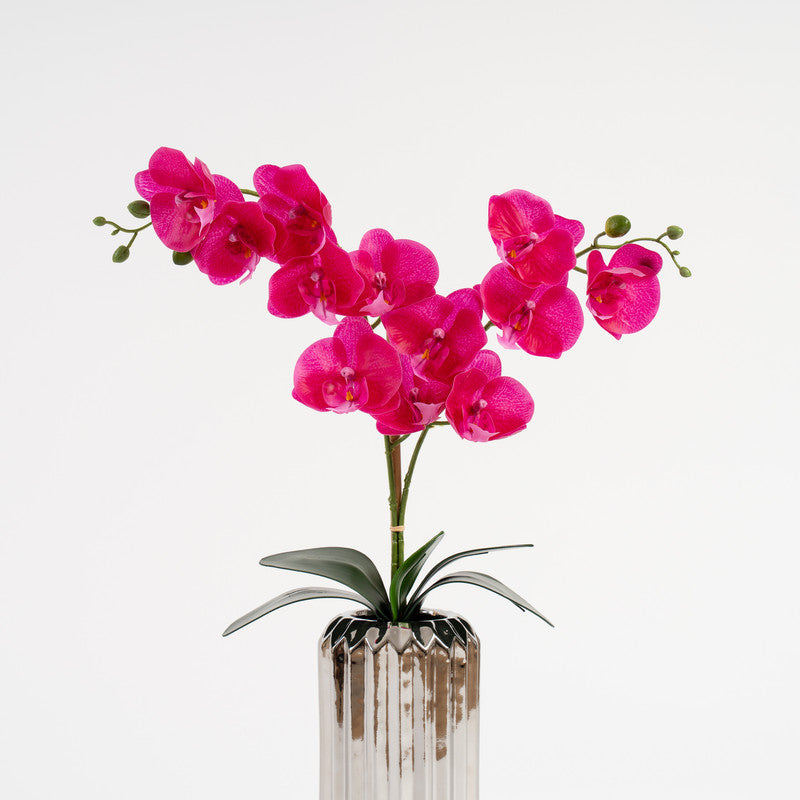 65cm Artificial Pink Orchid in Tall Silver Ceramic Pot