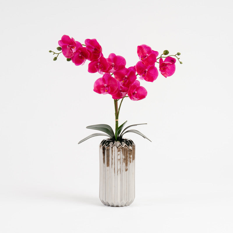 65cm Artificial Pink Orchid in Tall Silver Ceramic Pot