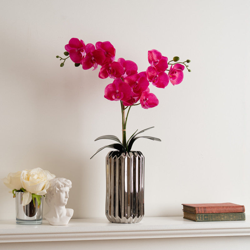 65cm Artificial Pink Orchid in Tall Silver Ceramic Pot