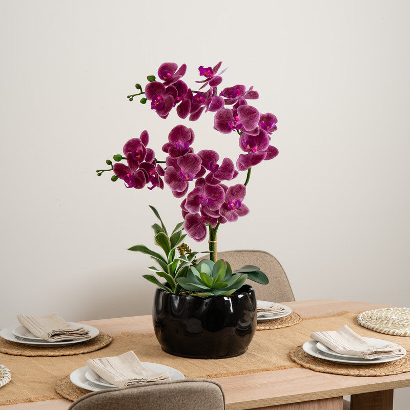 60cm Artificial Red Orchid & Foliage in Black Ceramic Pot