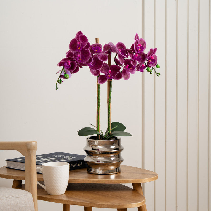 54cm Artificial Red Orchid in Silver Ceramic Pot