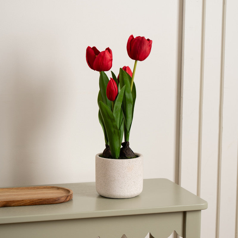 36cm Artificial Red Tulips in Cement Pot