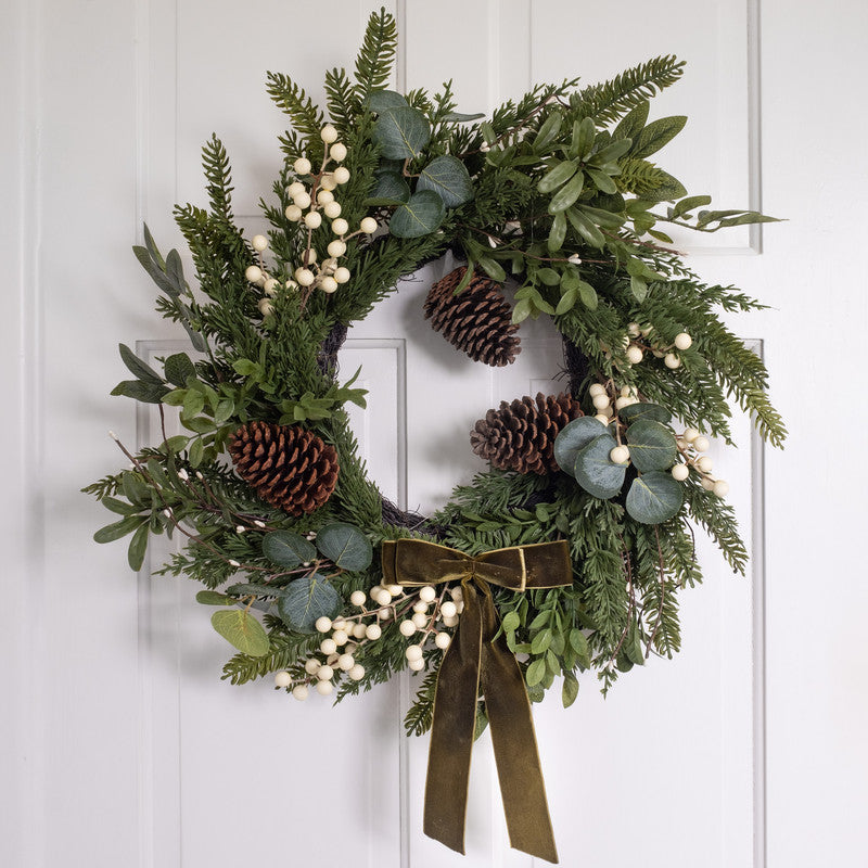 Mistletoe & Pine Cone Wreath with Green Bow 55cm