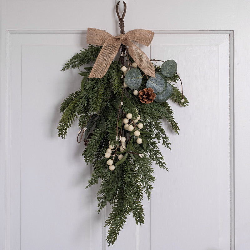 Mistletoe & Pine Cone Door Swag with Hessian Bow 55cm