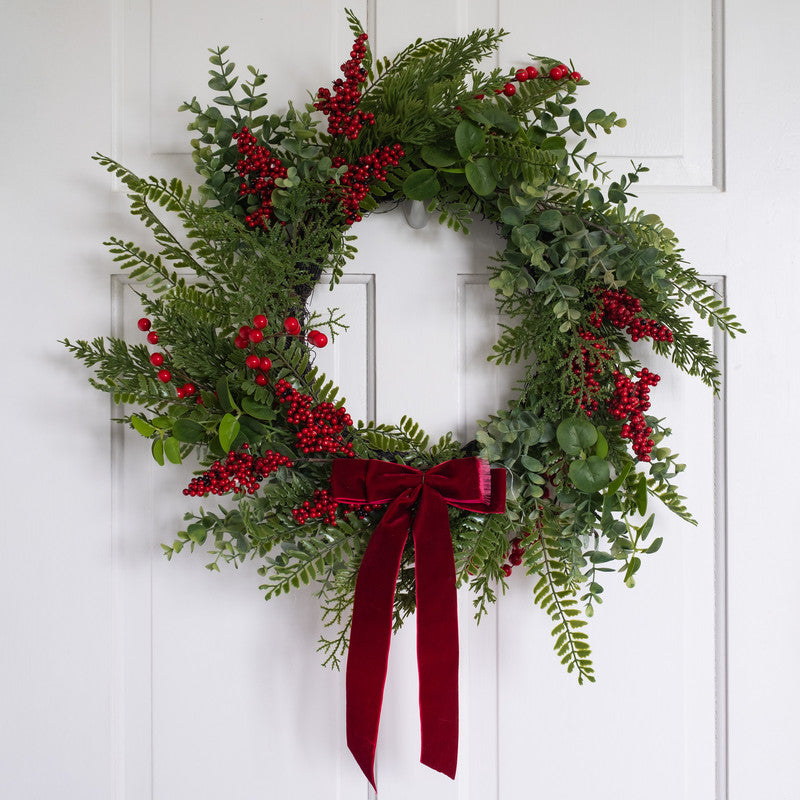 Red Berry & Pine Cone Wreath with Red Velvet Bow 55cm