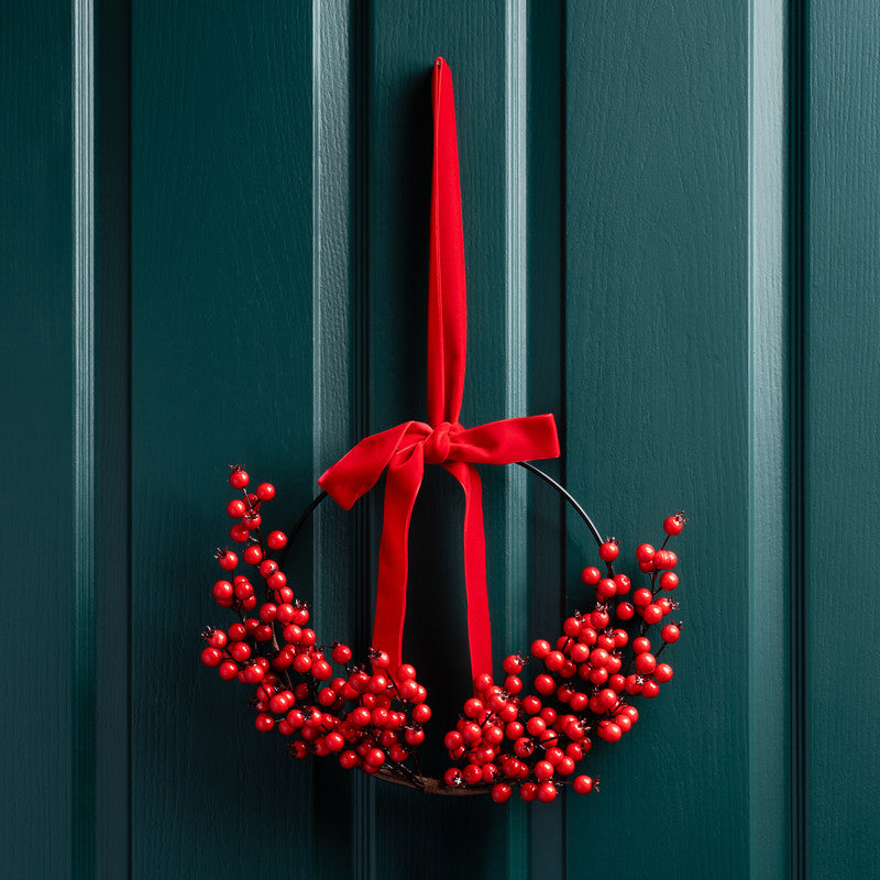 Red Berry Ring Wreath with Velvet Bow 36cm