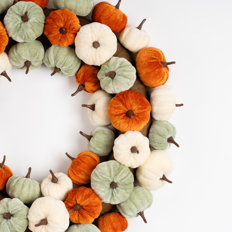 43cm Velvet Pumpkin Wreath - orange-mint-cream