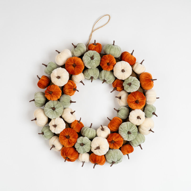 43cm Velvet Pumpkin Wreath - orange-mint-cream