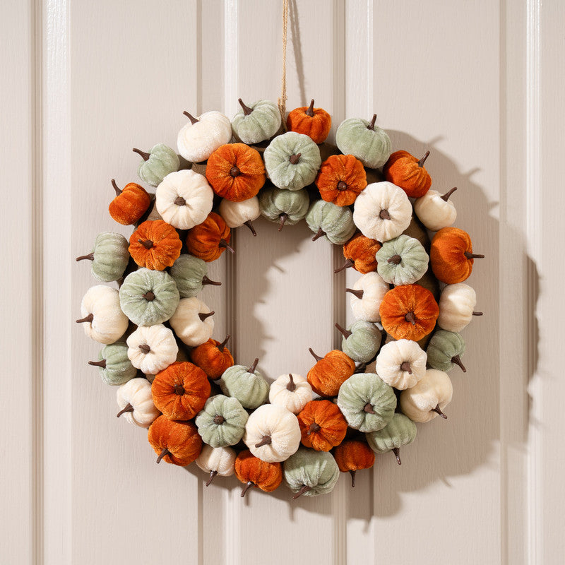 43cm Velvet Pumpkin Wreath - orange-mint-cream