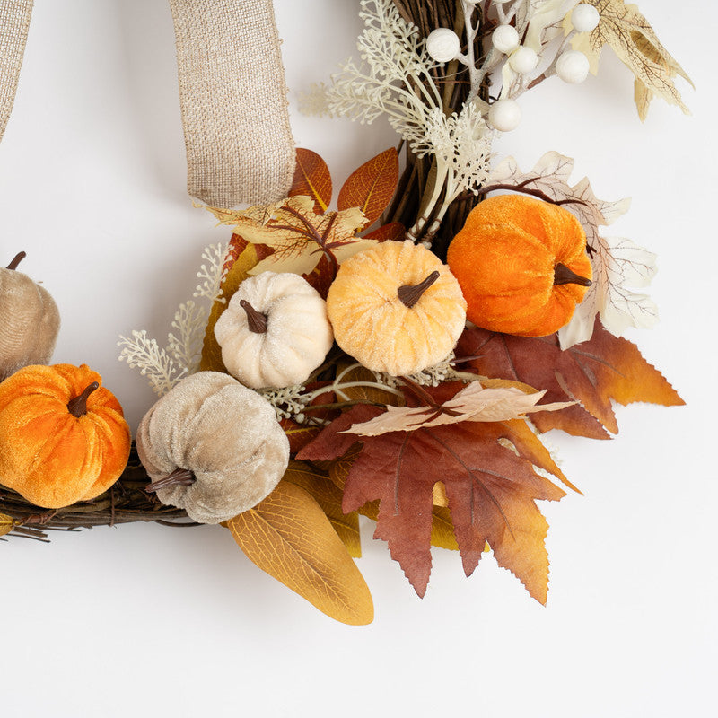 50cm Neutral Velvet Pumpkins Half Wreath with Bow