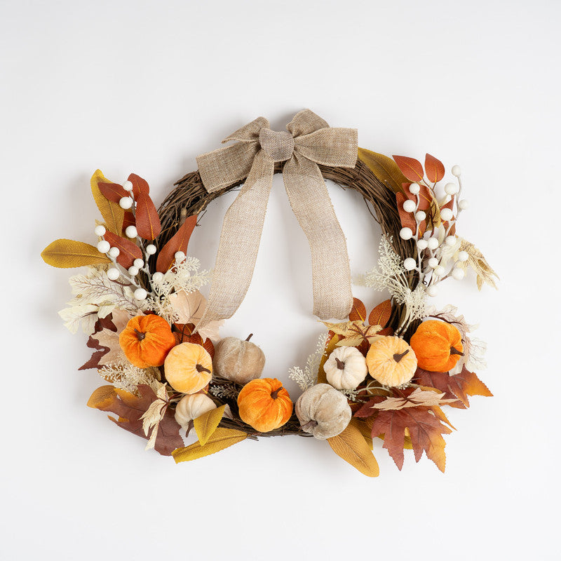 50cm Neutral Velvet Pumpkins Half Wreath with Bow