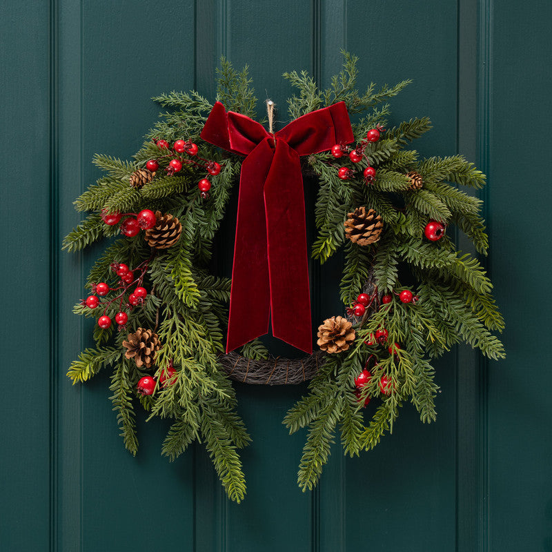 Real Touch Half Wreath with Red Velvet Bow 50cm