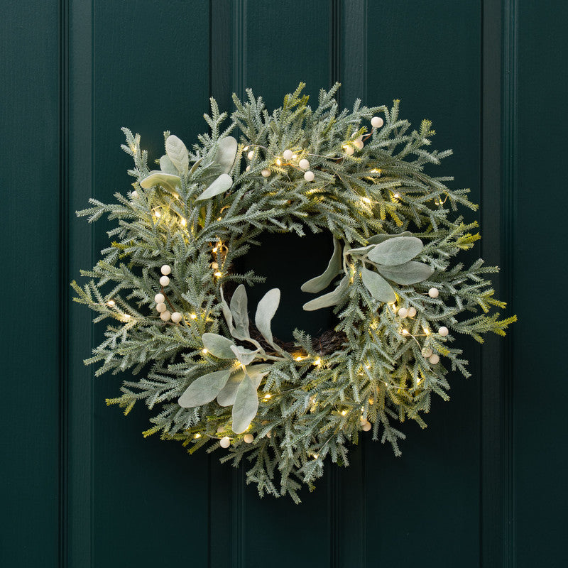 Pre-lit Frosted Wreath with Lambs Ear 45cm