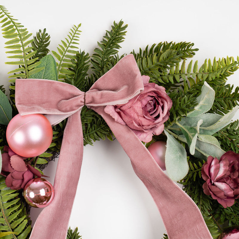 50cm Dusky Rose Wreath with Pink Velvet Bow