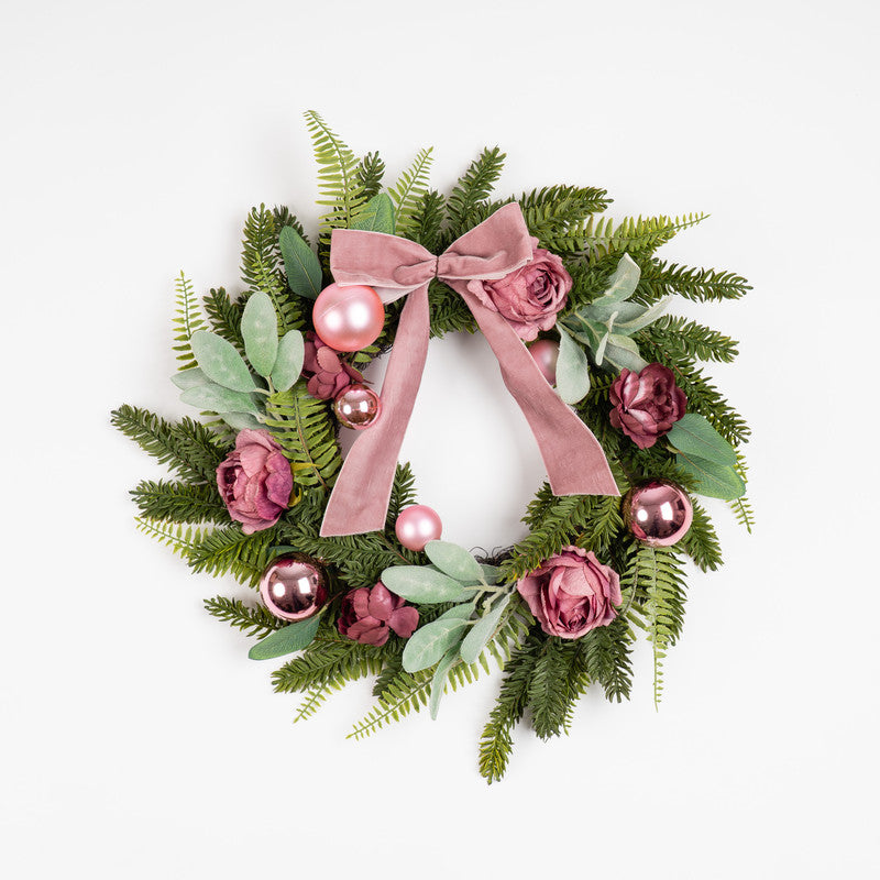 50cm Dusky Rose Wreath with Pink Velvet Bow