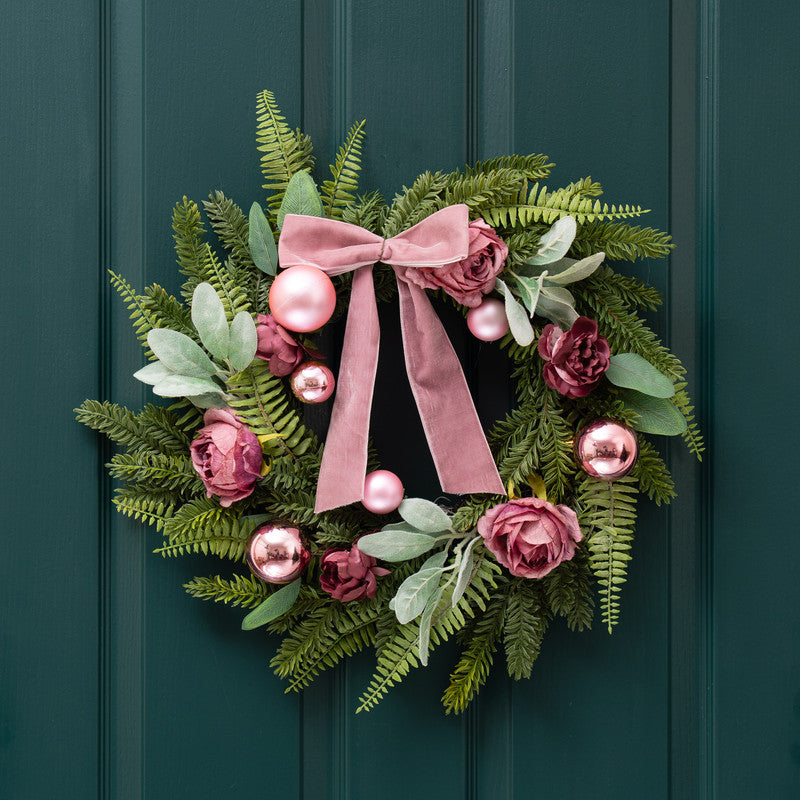 50cm Dusky Rose Wreath with Pink Velvet Bow