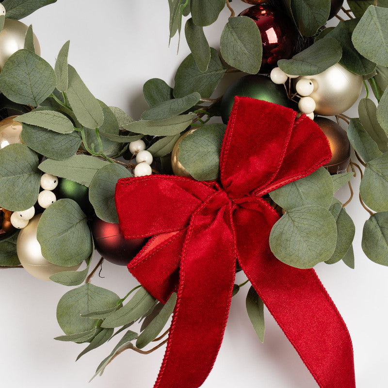 40cm Eucalyptus & Bauble Wreath with Velvet Bow