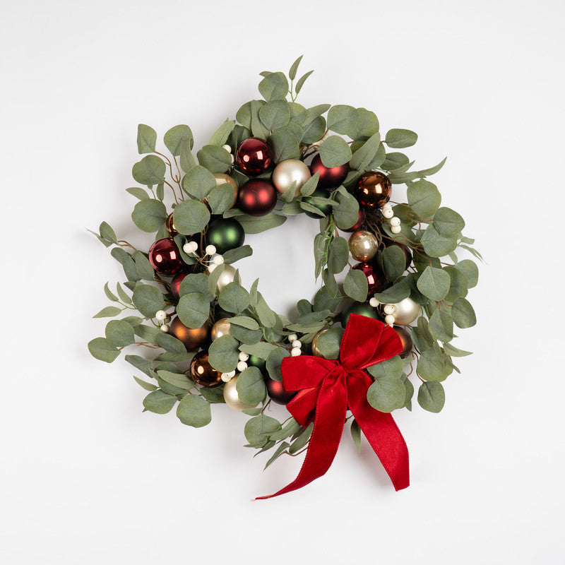 40cm Eucalyptus & Bauble Wreath with Velvet Bow