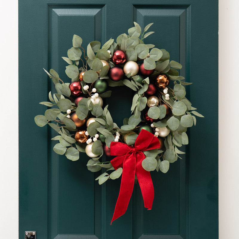 40cm Eucalyptus & Bauble Wreath with Velvet Bow