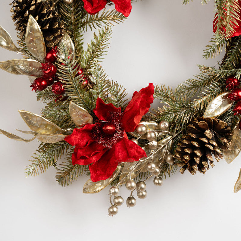 58cm Gold & Red Magnolia Wreath