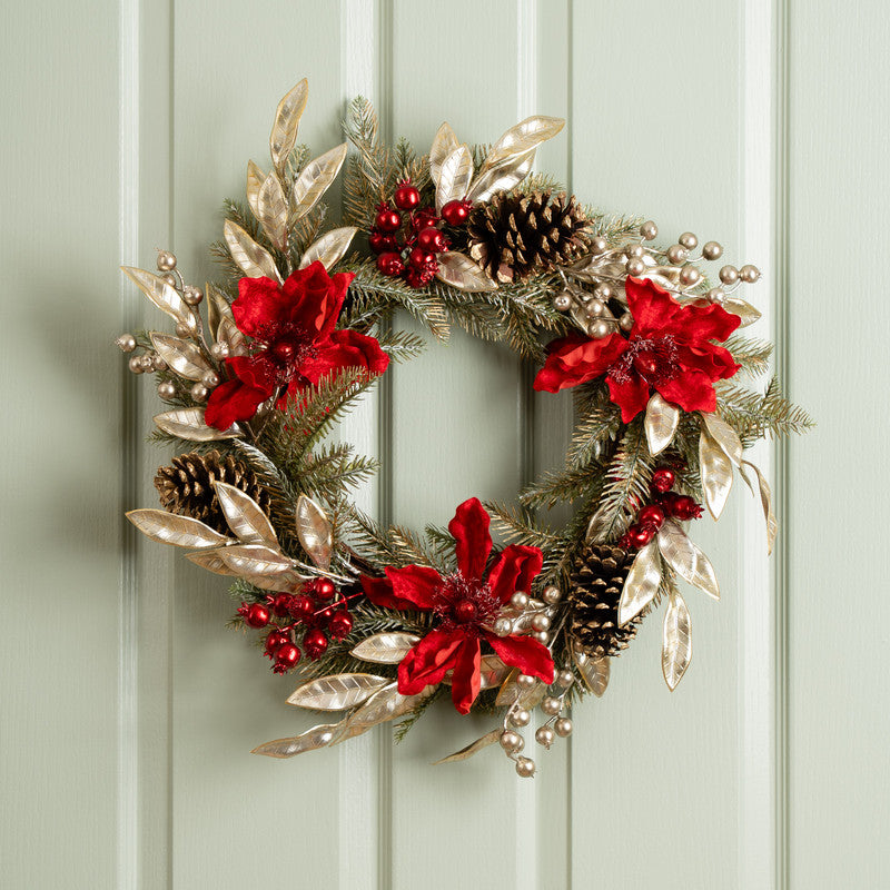 58cm Gold & Red Magnolia Wreath