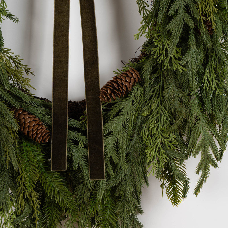 60cm Real Touch Foliage Heart Wreath with Green Velvet Bow