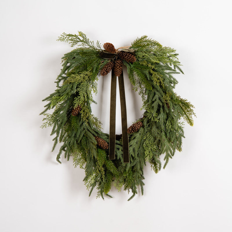 60cm Real Touch Foliage Heart Wreath with Green Velvet Bow