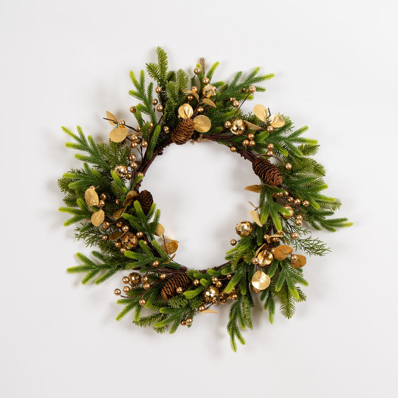 50cm Pine, Mirrorball Gold & Eucalyptus Wreath