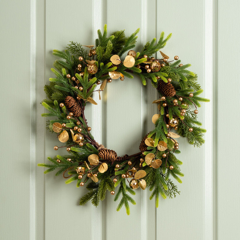 50cm Pine, Mirrorball Gold & Eucalyptus Wreath