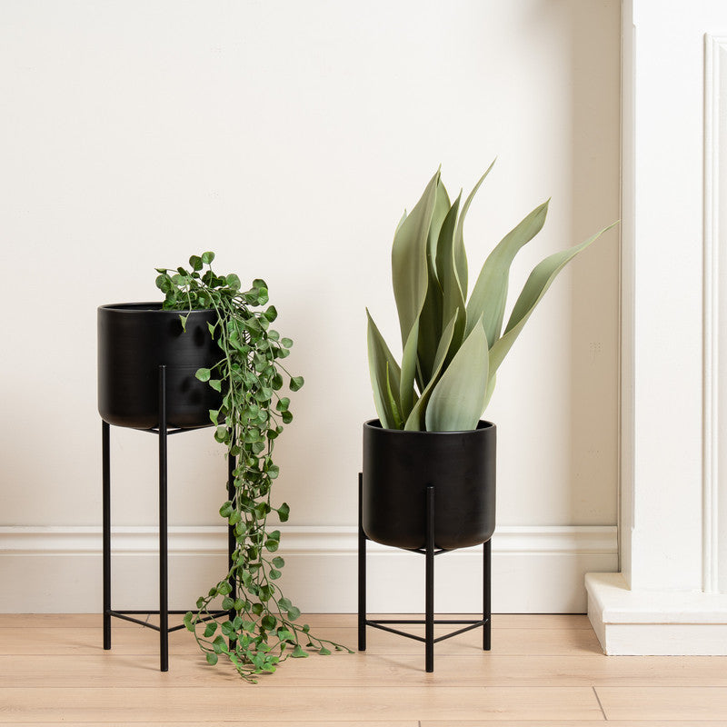 Set of 2 Black Planters on Stand