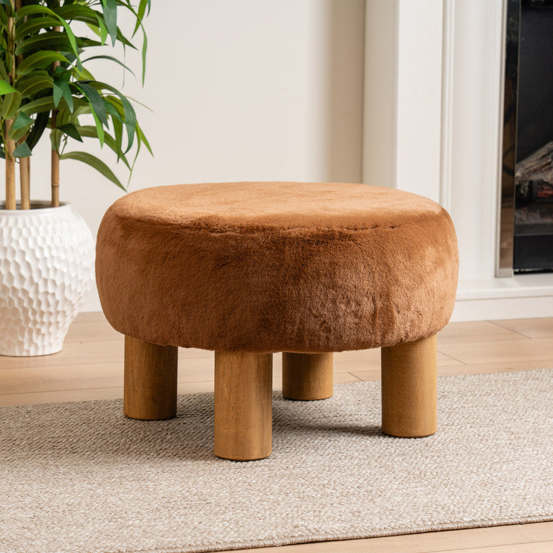 Soft Faux Fur Round Caramel Foot Stool