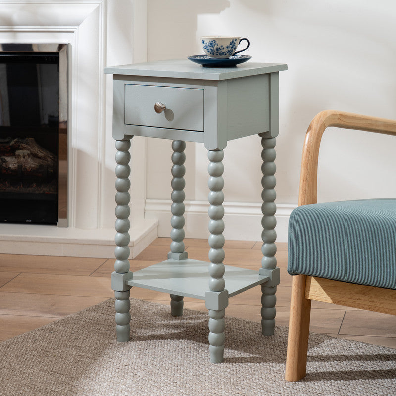 Aqua Grey Bobbin Side Table with Drawer